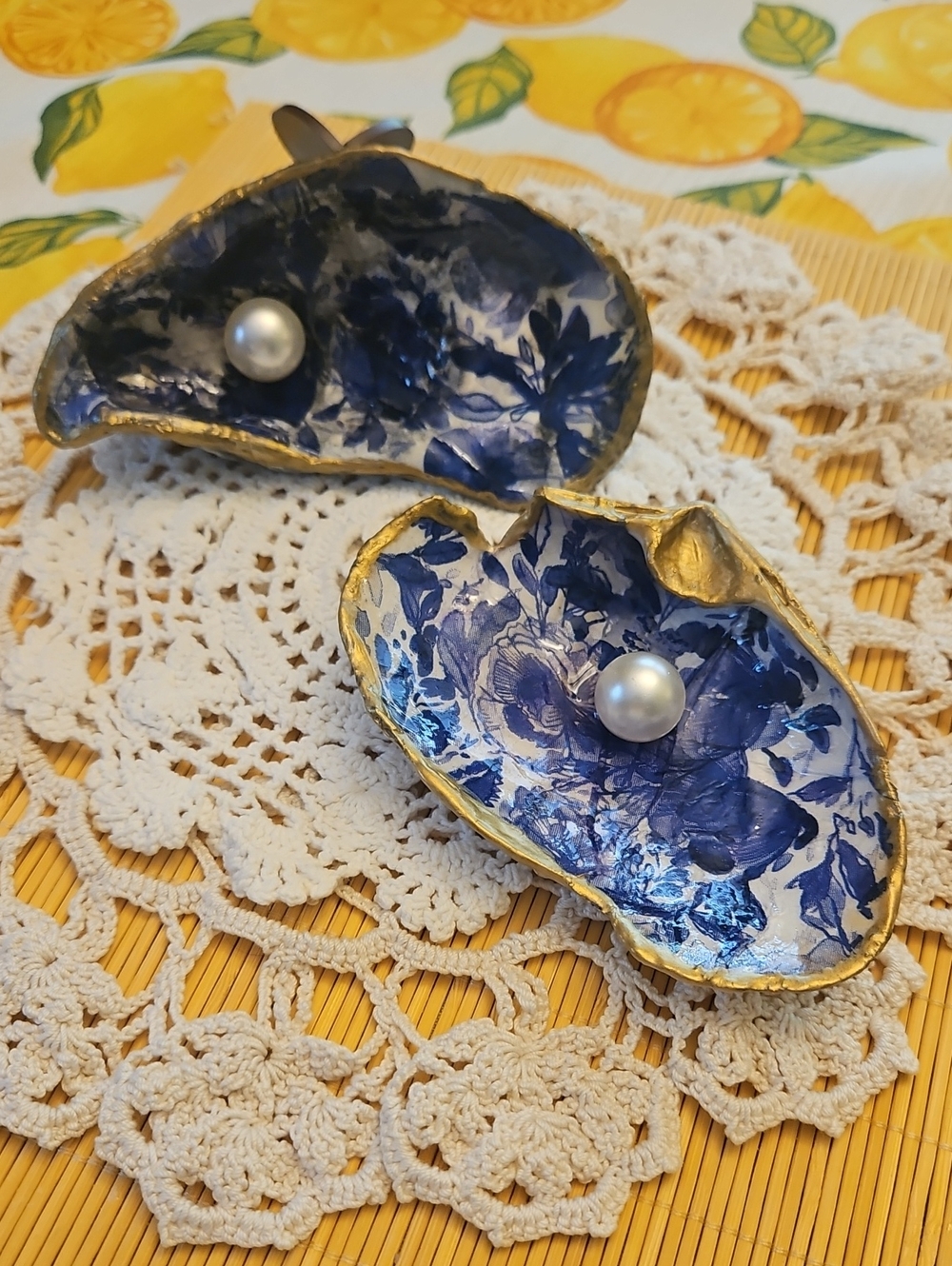 Handcrafted Blue Floral Pearl Shells Gold Trim